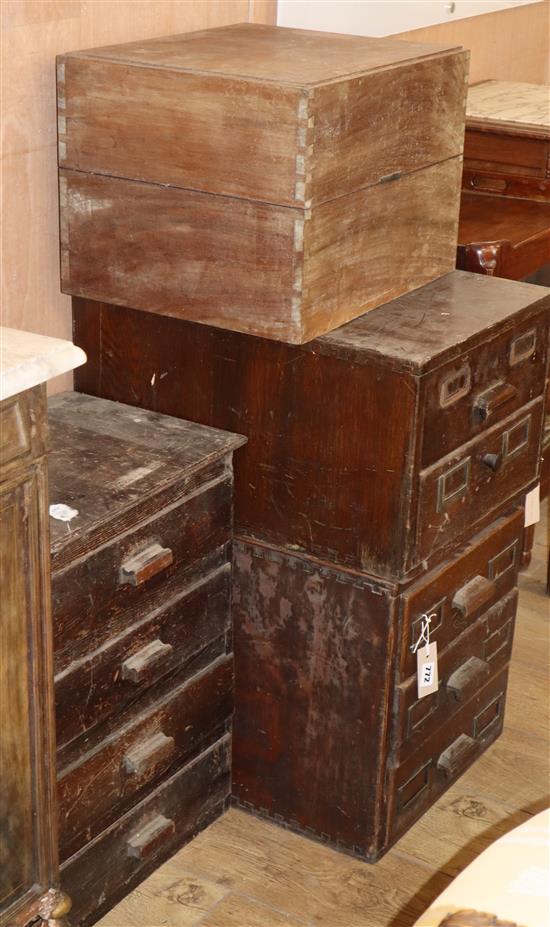 A large quantity of furniture restorers accessories in chests W.45cm, 42cm, and 40cm